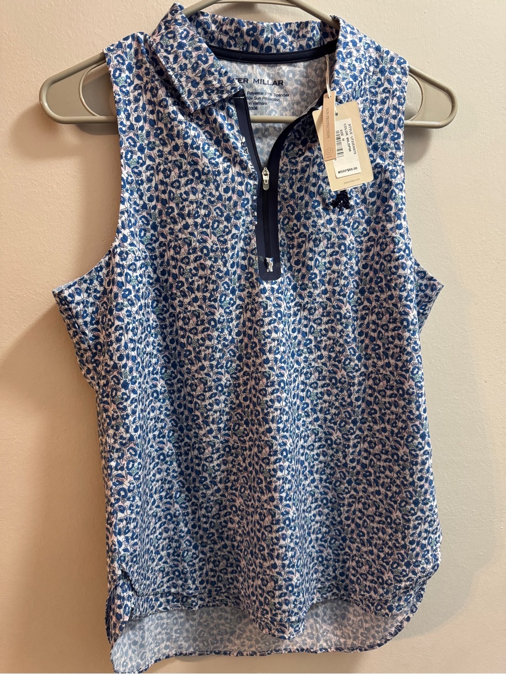 Peter Millar Navy and White Floral-Print Sleeveless Zip Polo